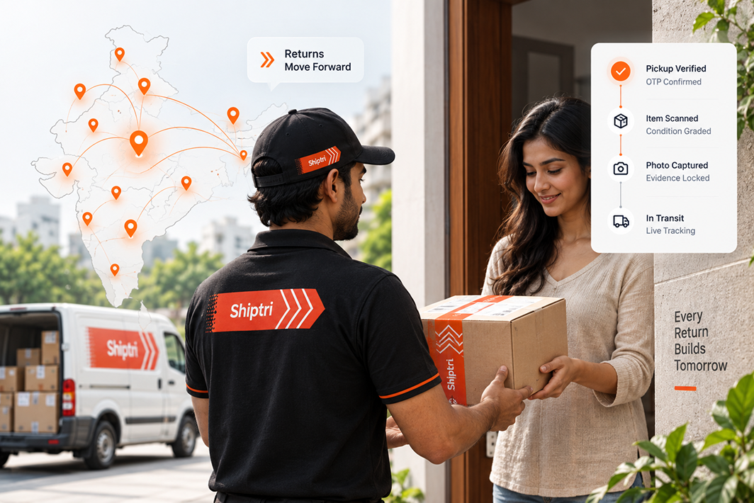 Shiptri agent collecting a return package from a customer at the doorstep