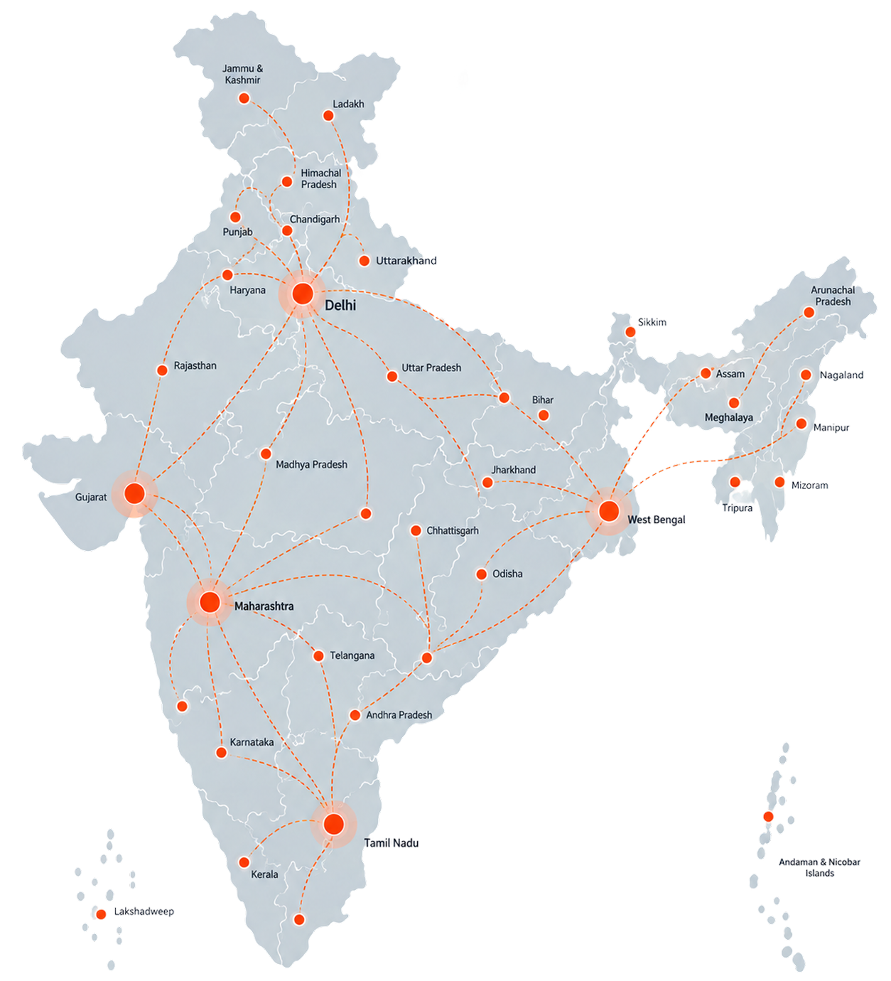 India delivery network map showing Delivery Plus hubs and coverage across states